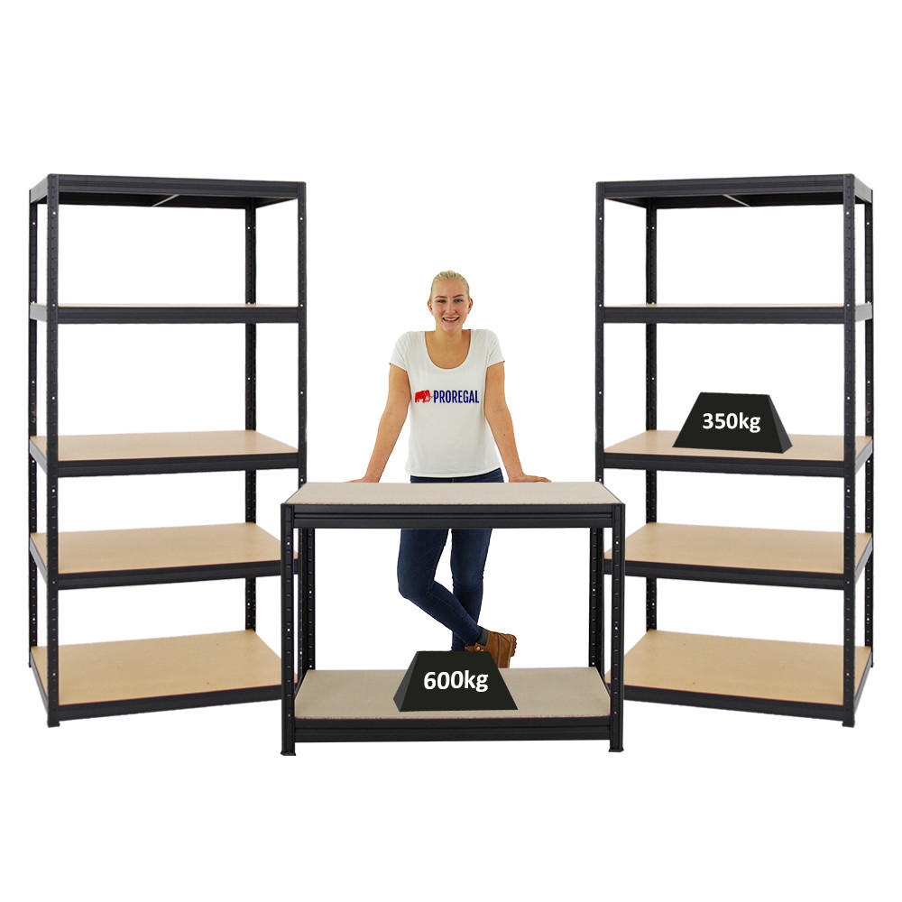 WERKBANK Slim Dino höhenverstellbar & 2x SCHWERLASTREGAL Slim Elephant M Set Fachlast bis zu 600 kg Schwarz - Schwarz, Metall (270/180/60cm) - PROREGAL