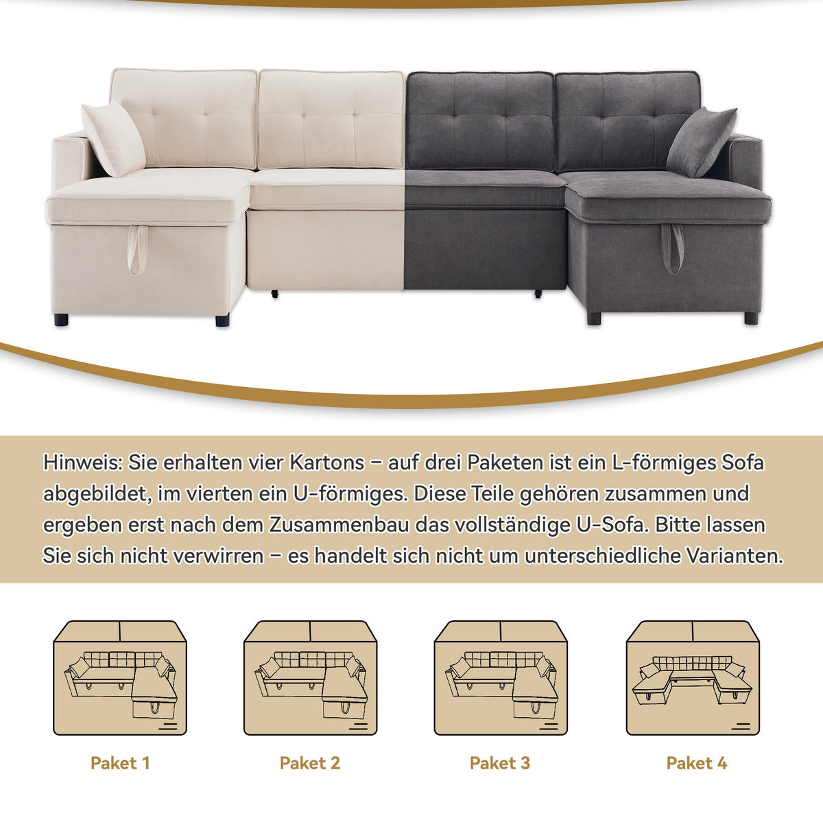 SCHLAFSOFA U-Form, Baumwoll-Leinenstoff mit Stauraum & Getränkehaltern, 270/130/86 cm, Beige - Beige, Textil (130/86/270cm) - Redom
