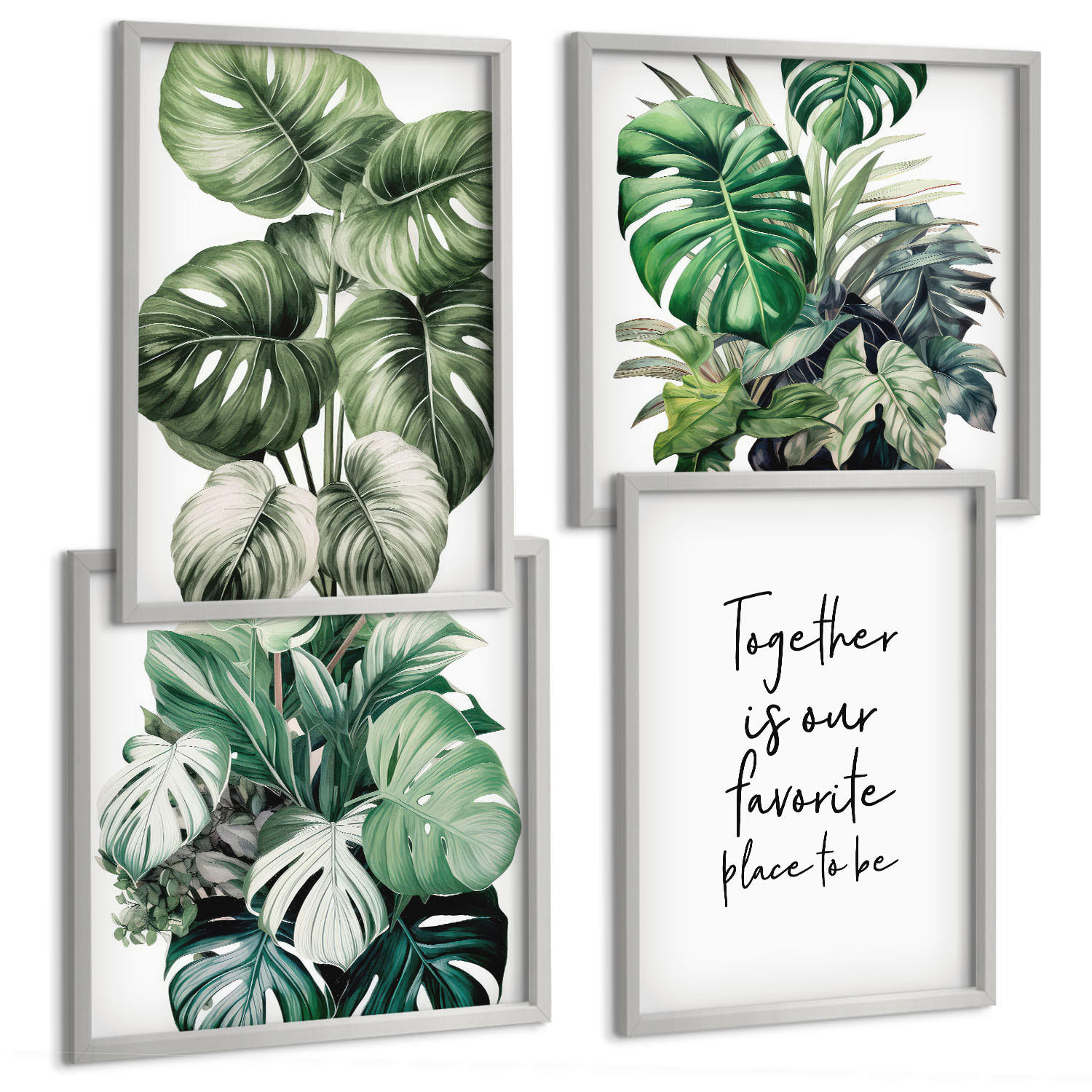 BILDER SET 4er Set - 50x50 cm & 40x60 cm Silberner Rahmen - Dekoration aus grünen tropischen Blättern - Silberfarben, Kunststoff (50/50cm) - TULUP