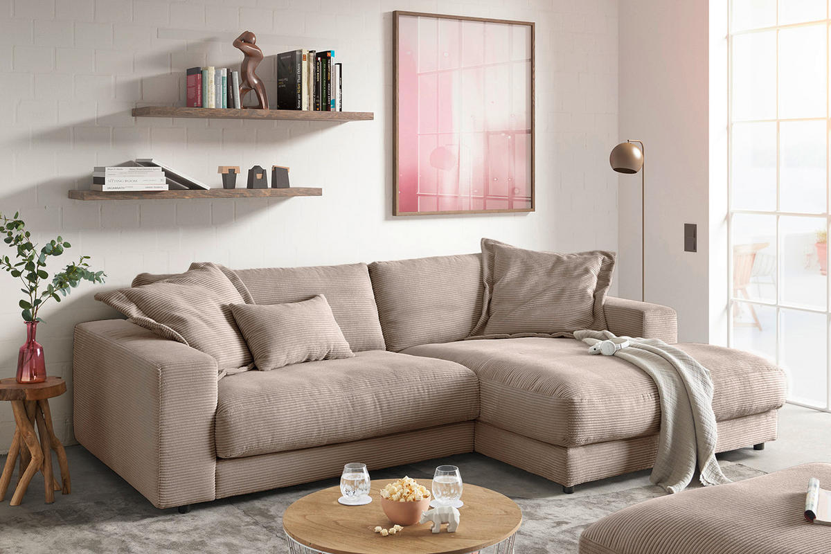 ECKSOFA MADELINE Taupe Cord - Taupe/Schwarz, Kunststoff/Textil (270/190cm) - KAWOLA