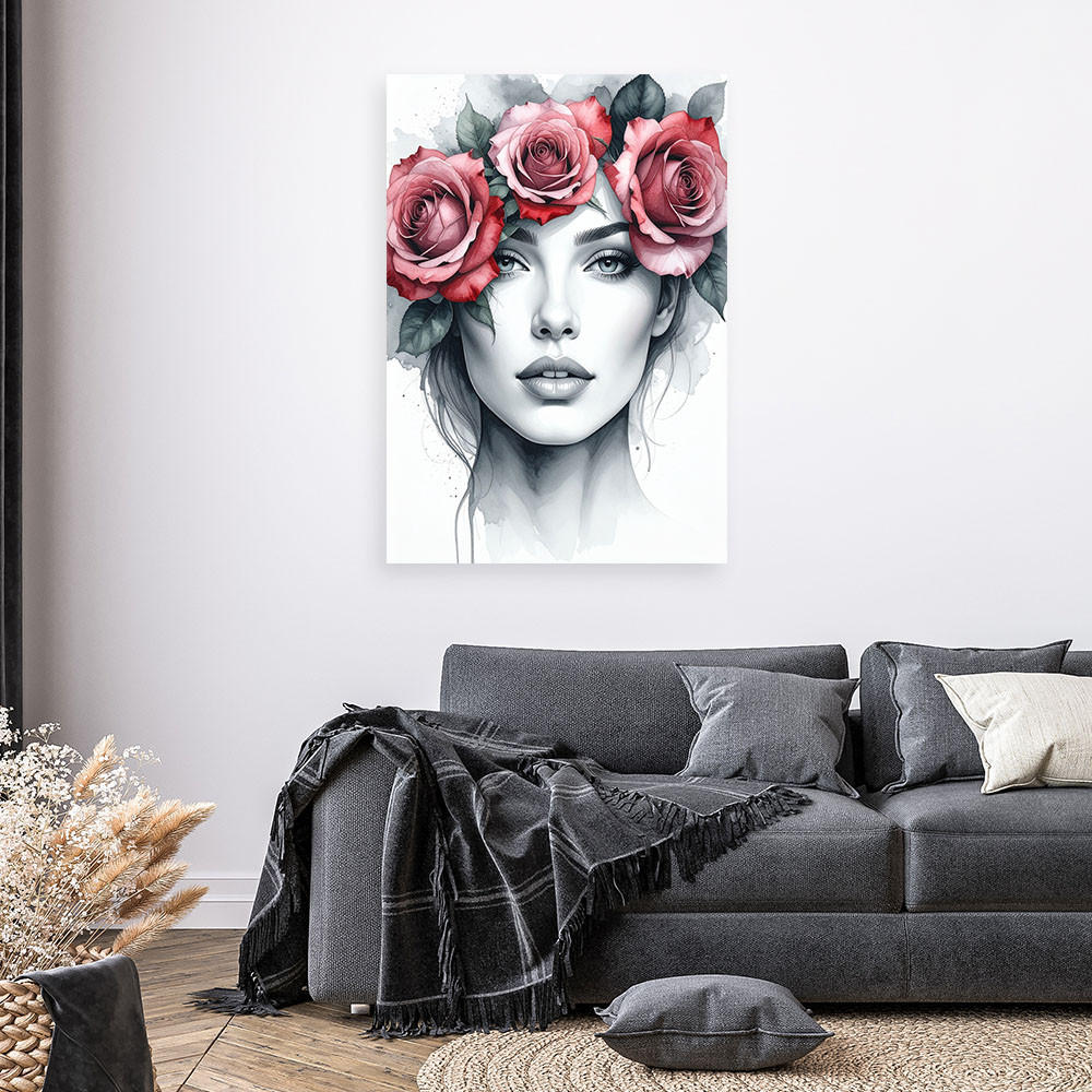 LEINWANDBILD Porträt einer Frau mit Rosenblüten auf dem Kopf 80x120cm - Grau, Textil (80/120cm) - Feeby