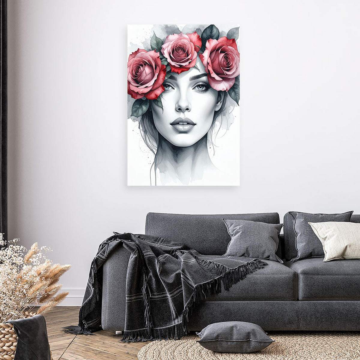 LEINWANDBILD Porträt einer Frau mit Rosenblüten auf dem Kopf 80x120cm - Grau, Textil (80/120cm) - Feeby