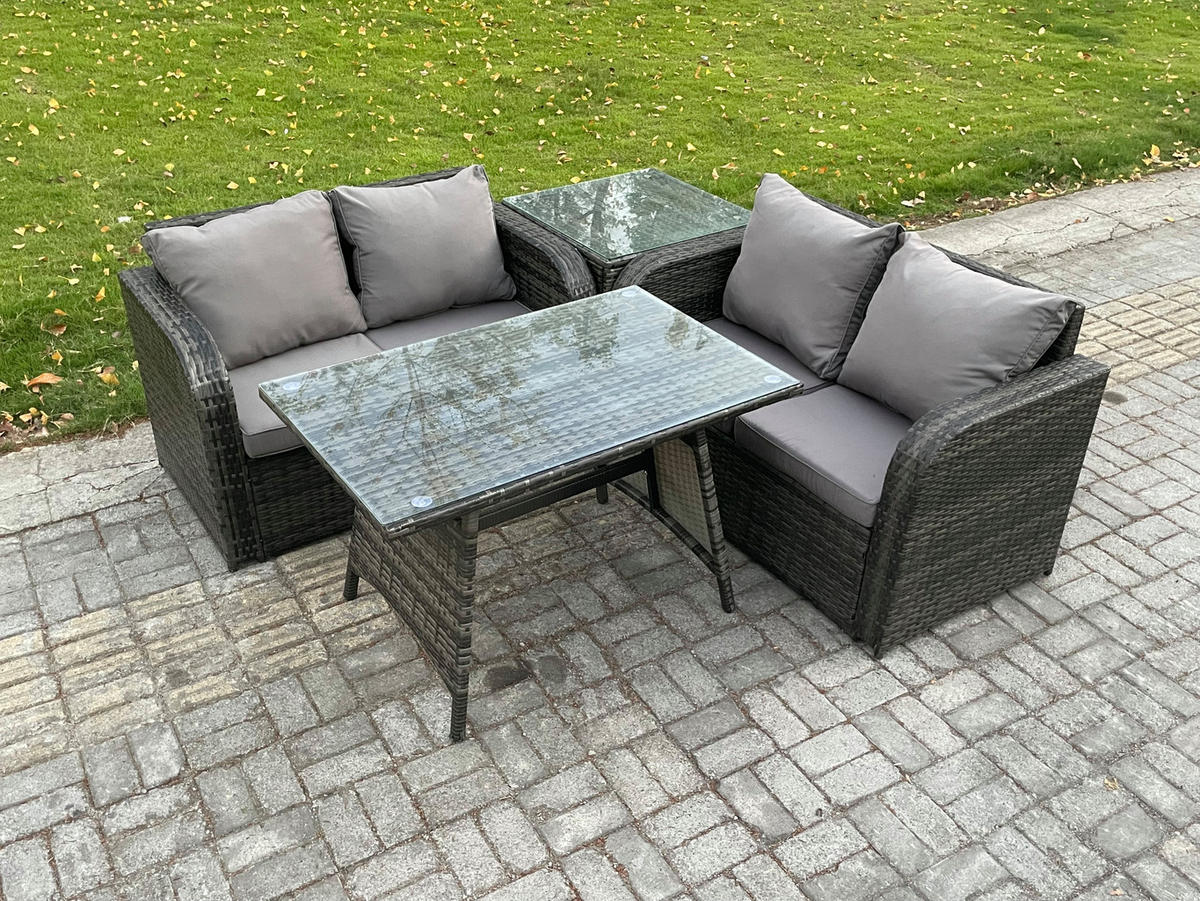 BALKONSET mit ESSTISCH SOFA Polyrattan Dunkelgrau 4-Sitzer - Dunkelgrau/Grau, Glas/Kunststoff - Fimous