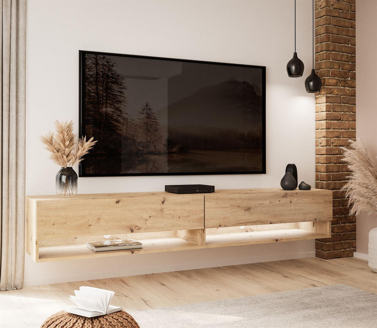 HÄNGESCHRANK TV-Möbel CALANTE LOFT 180 cm mit LED-Beleuchtung - Eiche Artisan, Holzwerkstoff (180/30/35cm) - Lookway