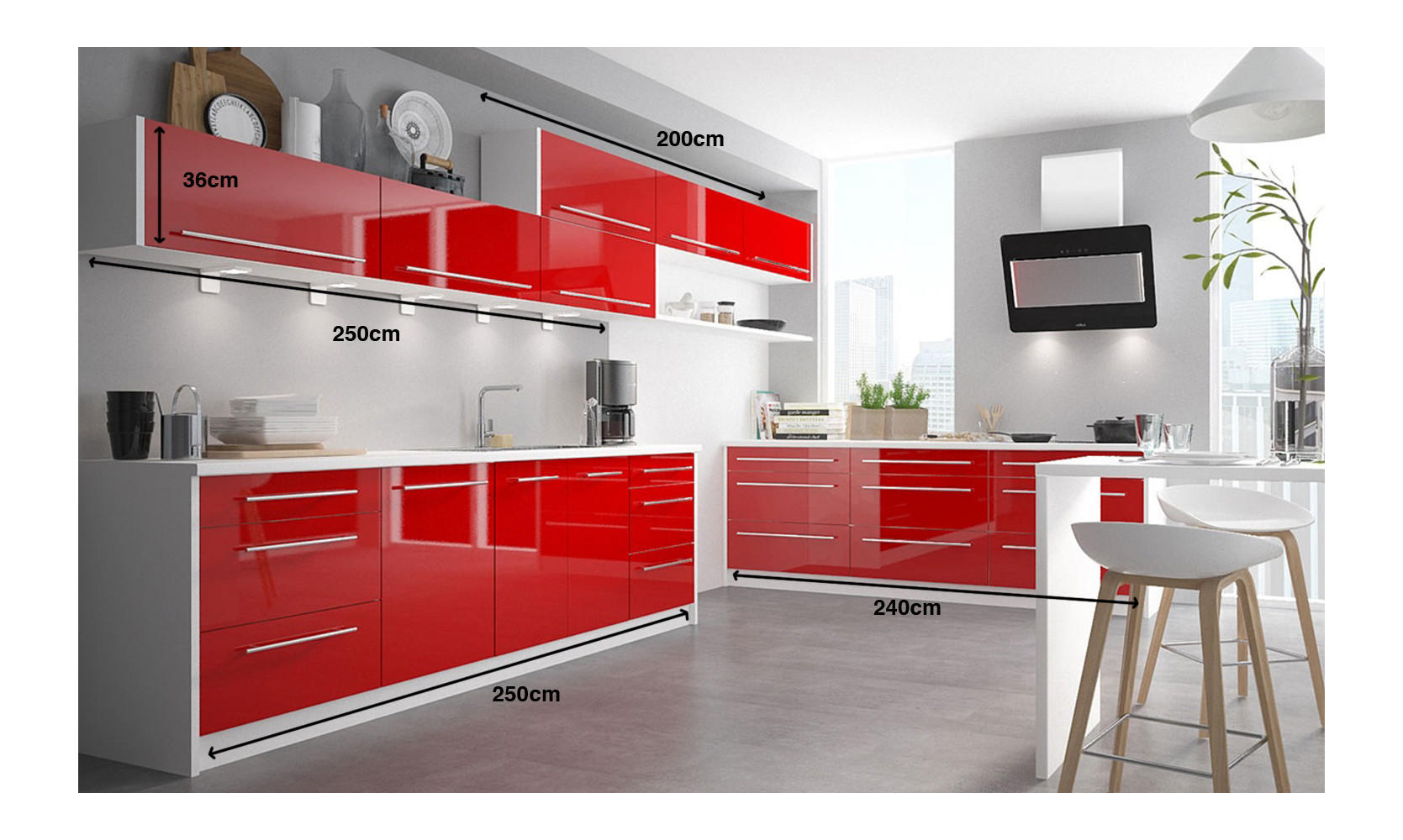 Thumbnail - Feldmann-Wohnen Küchenleerblock, Rot, Weiß, Holzwerkstoff, Zeile, 490x168x50 cm, Küchen, Küchenzeilen & Küchenblöcke, Kü...