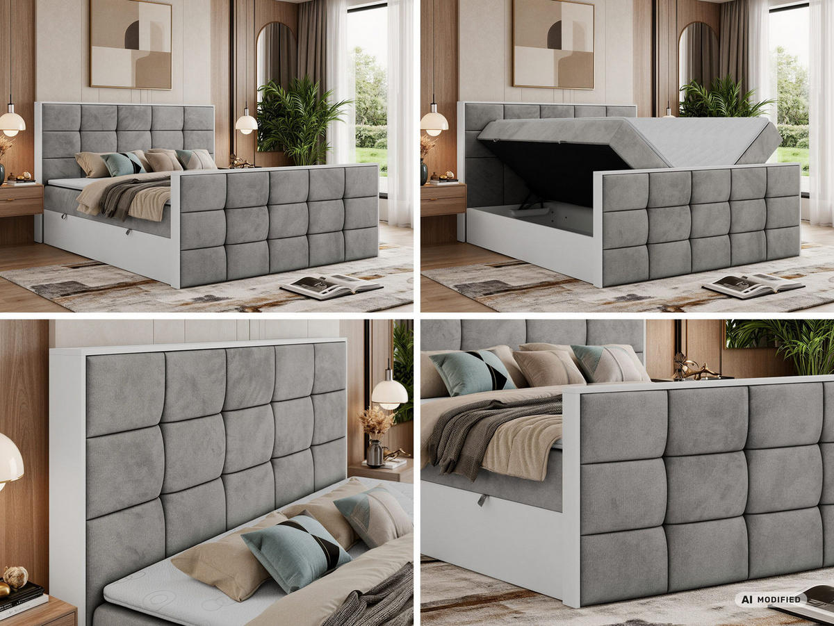 BOXBETT ALVIT DUO 160/200 - Hellgrau Velvet - Topper Visco - H3 - Hellgrau/Schwarz, Kunststoff/Textil (160/200cm) - MKS