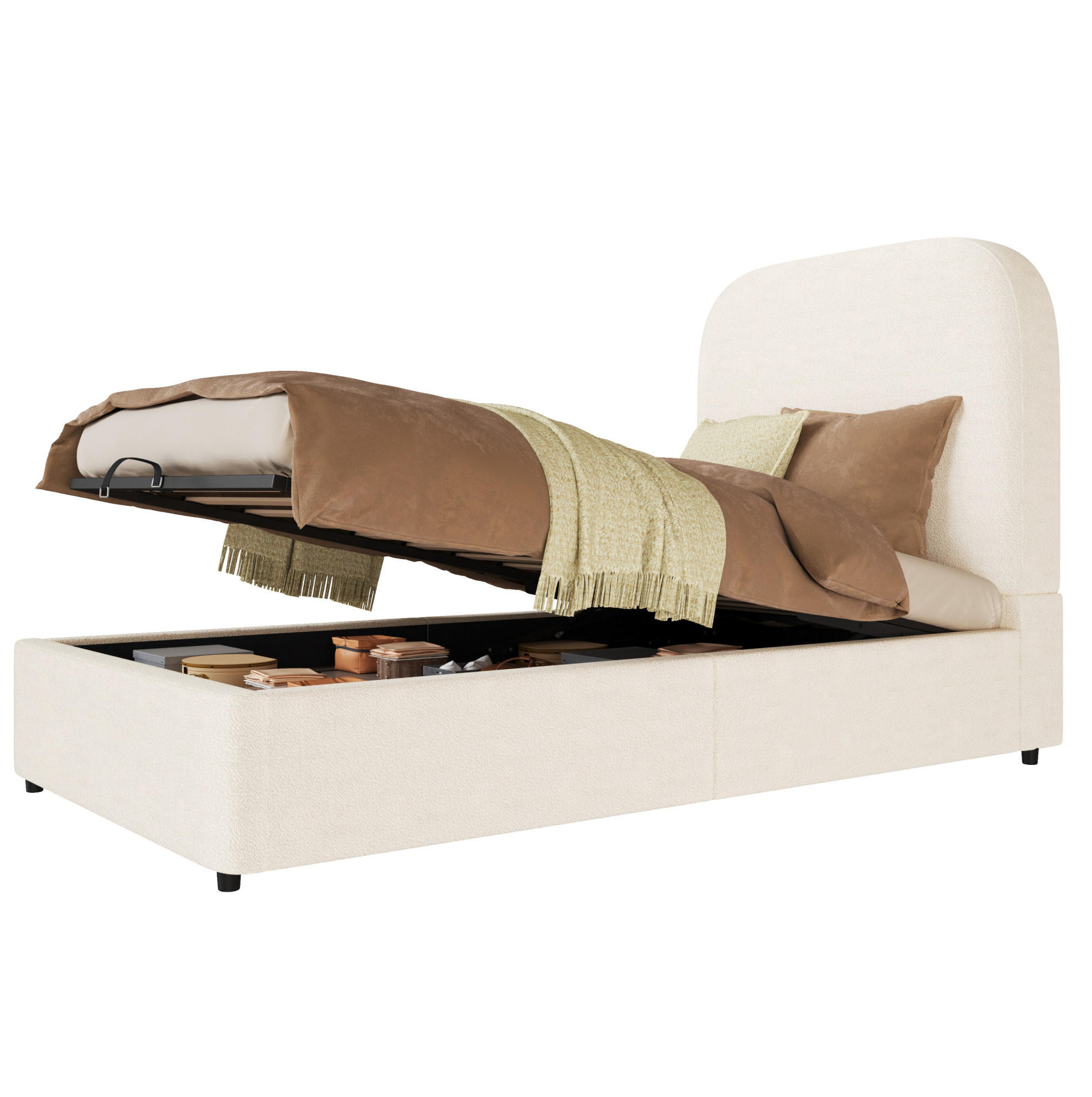 KINDERBETT 90/200 cm mit hydraulischem Stauraum, Lattenrost und gepolstertem Bouclé-Kopfteil, Beige - Beige, Holzwerkstoff (90/200cm) - Redom