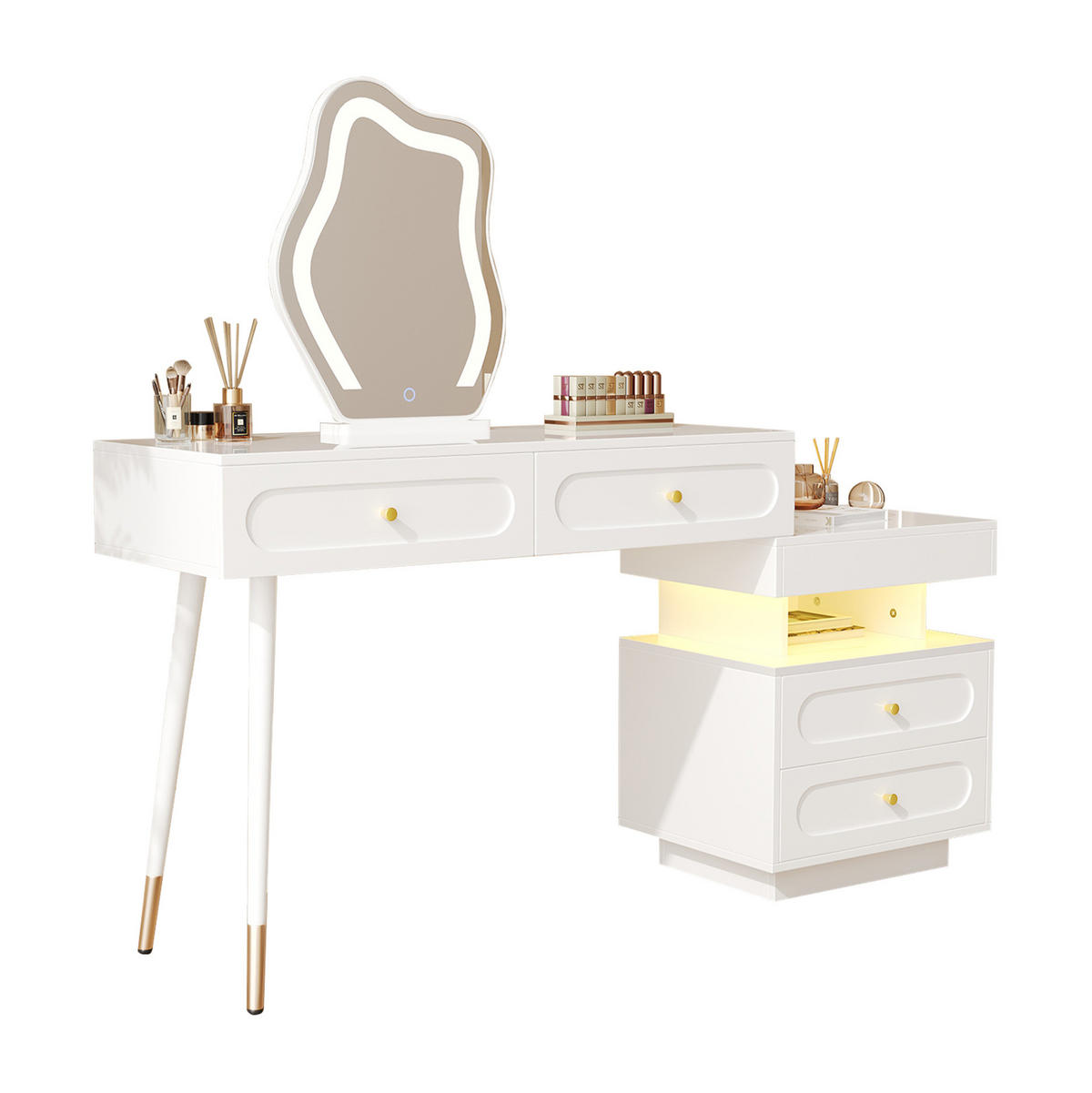 SCHMINKTISCH 140/40/130 cm weiß mit LED-Beleuchtung und 4 Schubladen - Weiß, Holzwerkstoff (140/130/40cm) - OKWISH