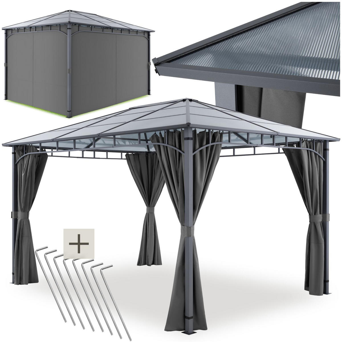 GARTENPAVILLON Caracas, inklusive 8 Heringen, grau - Grau, Metall (300/263/400cm) - tectake