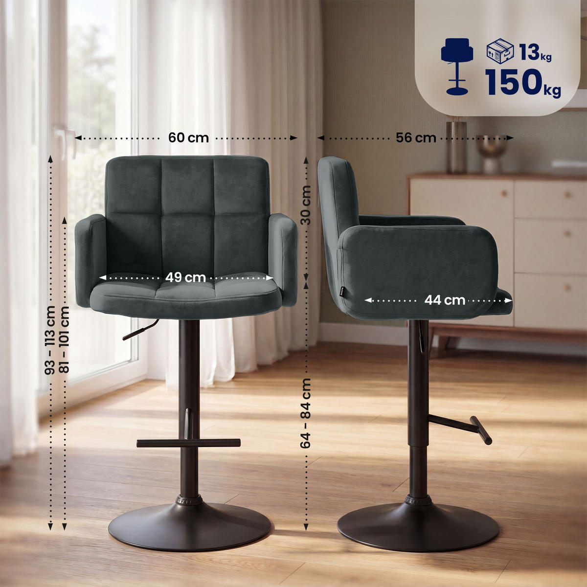 BARHOCKER 2 Samt Dunkelgrau - Dunkelgrau/Schwarz, Textil/Metall (60/93/56cm) - CLP