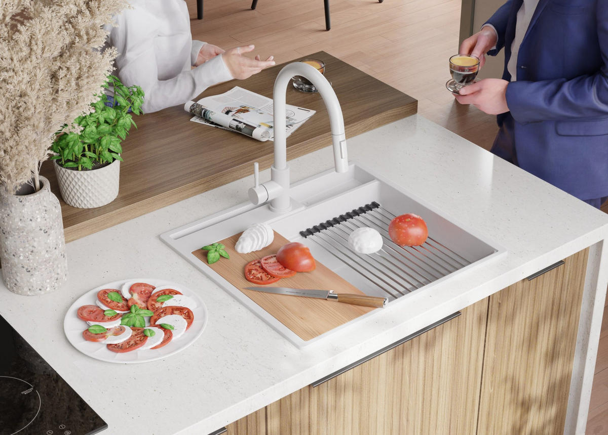 GRANITSPÜLE Oslo Pocket, 2-er set Weiß 58/53 cm 1 Becken + Küchenarmatur 38/14 cm + Ablauf-Set + Küchenzubehörset ab 60er Unterschrank - Chromfarben/Beige, Kunststoff (58/20/53cm) - Primagran