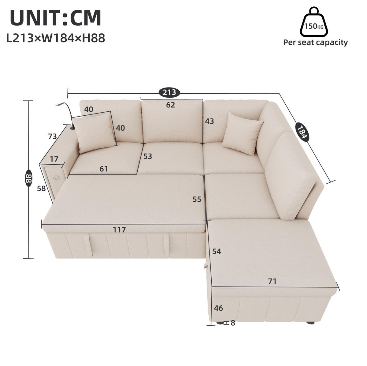 ROZKLÁDACÍ rohová pohovka 213/184/88 cm béžová z lnu s úložným pufem, lampou a USB nabíjením - béžová, textil (184/213cm) - OKWISH