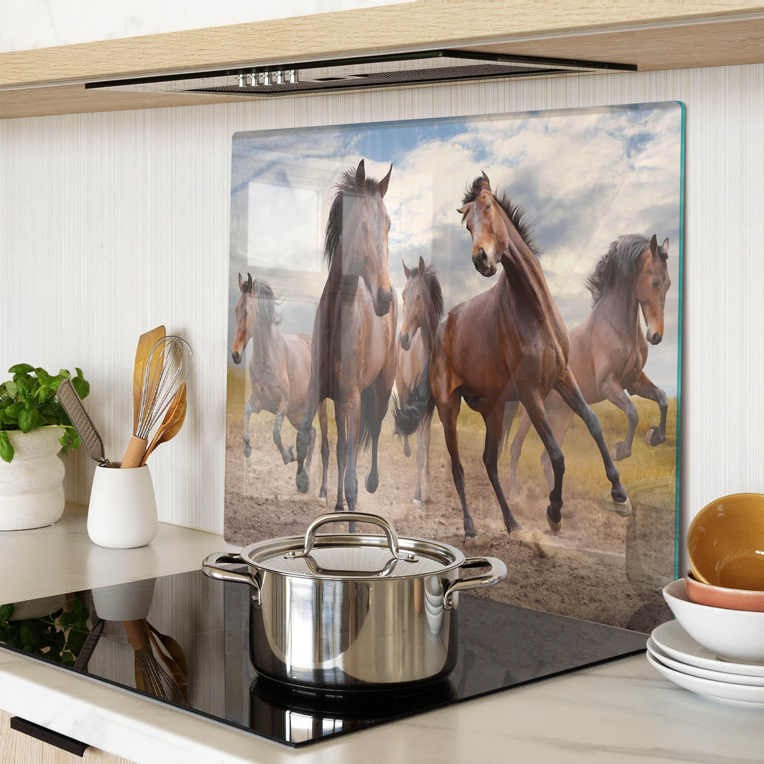 GLASPLATTE 60x52 cm Fünf Pferde - Sandfarben, Glas (60/52cm) - TULUP