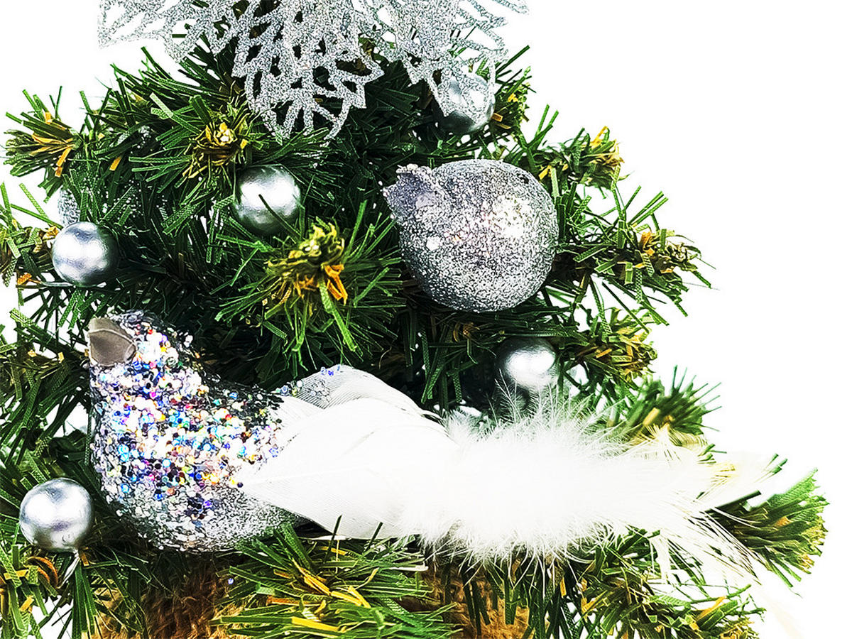 WEIHNACHTSBAUM künstlicher 25 cm, TINY 3, mit 16-teiligem Weihnachtsbaumschmuck, inkl. Metallständer und Aufbewahrungsbox - Silberfarben/Grün, Kunststoff/Stein (18/25cm) - LAALU