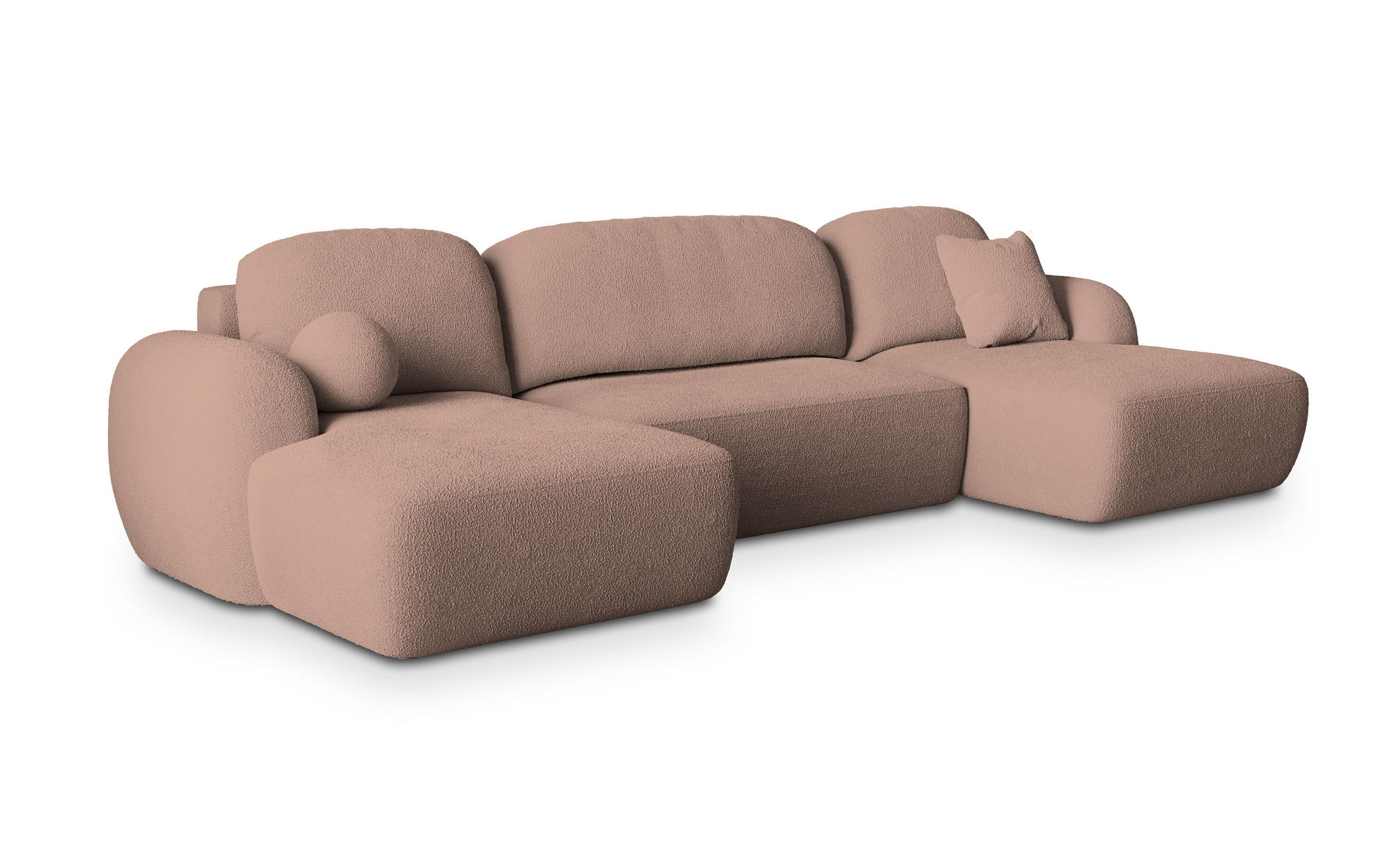 WOHNLANDSCHAFT SAVONA N Rosa Boucle-Stoff mit Schlaffunktion - Rosa, Holz (350/90/148cm) - MASSENO