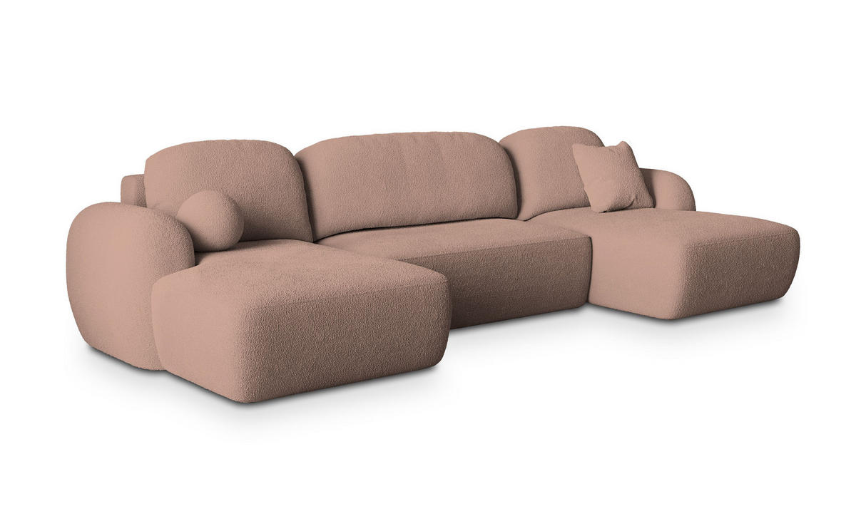 WOHNLANDSCHAFT SAVONA N Rosa Boucle-Stoff mit Schlaffunktion - Rosa, Holz (350/90/148cm) - MASSENO