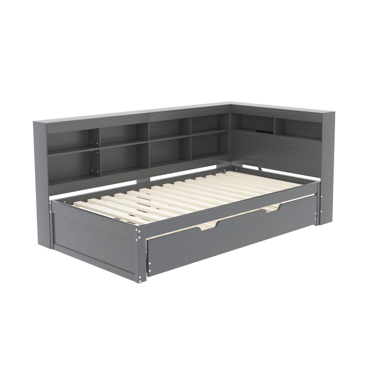 MULTIFUNKTIONSBETT 90/200 cm Grau mit USB-Buchse und Stauraum aus Massivholz - Grau, Holz - OKWISH