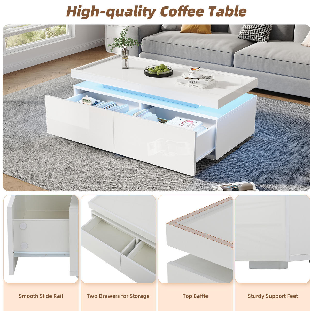 COUCHTISCH 95/45/35 cm Weiß aus Spanplatte mit LED und 2 Schubladen - Weiß, Holzwerkstoff (95/45/35cm) - OKMYHOME