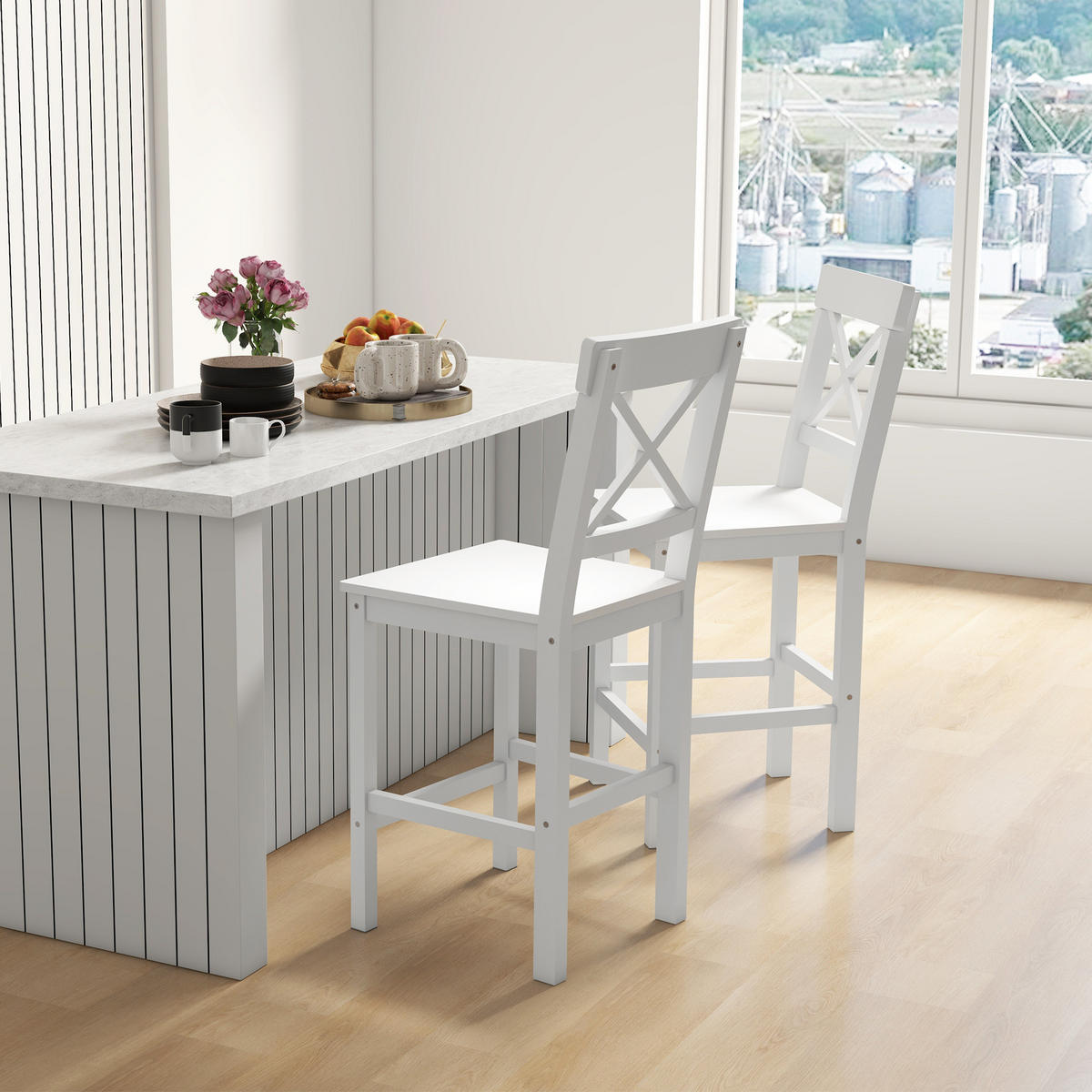 BARHOCKER 2er-Set DE-14738 Landhausstil mit Fußstütze Weiß - Weiß, Holzwerkstoff (46/97.5/41cm) - ComfortXL