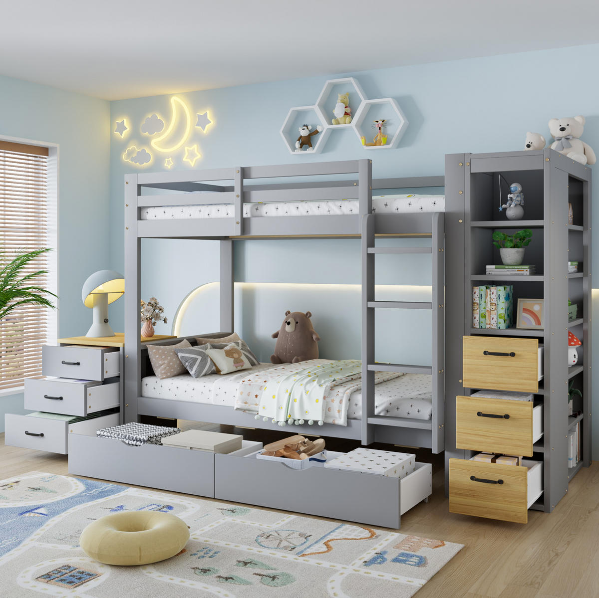 ETAGENBETT aus Massivholz, Sperrholz, Spanplatte und MDF 90x200 cm Hellgrau mit Stauraum, Leiter und Nachtkommode - Hellgrau, Holz (90/200cm) - Modfu
