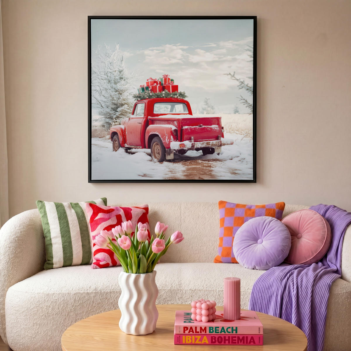 LEINWAND Bilder mit Rahmen - Auto - Rot - Geschenke - Winter - Schnee - Weihnachten - 90x90 - Rot, Textil (90/90cm) - MuchoWow