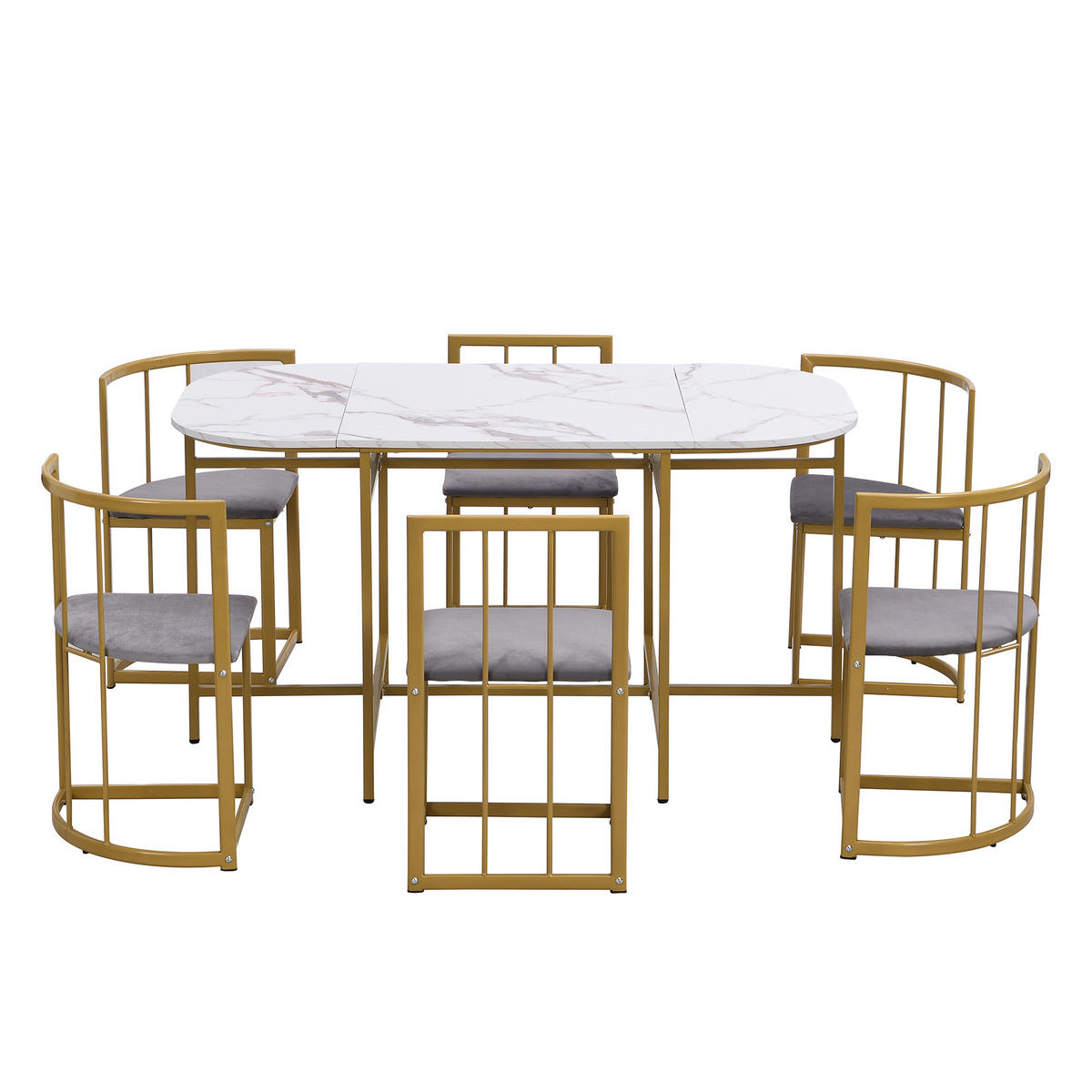 TISCHGRUPPE 6 Stühle weiß mit grauem Polster und goldfarbenem Eisenrahmen - Weiß, Holzwerkstoff (140/76/80cm) - OKWISH