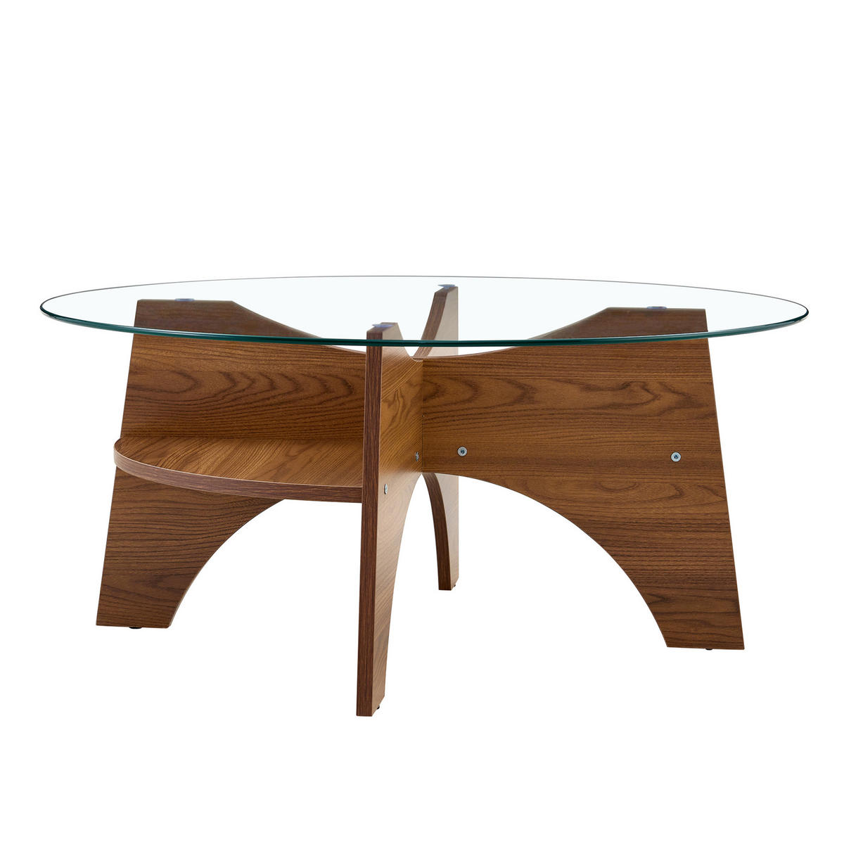COUCHTISCH aus MDF und Sicherheitsglas 80x80x36 cm Transparent/Walnuss mit fächerförmigem Gestell und pflegeleichter Platte - Walnussfarben, Holzwerkstoff (80/80/36cm) - Modfu