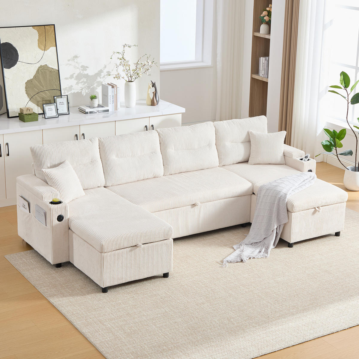 SCHLAFSOFA 4-Sitzer mit Chaiselongues, USB und Stauraum, Beige - Beige, Textil (272/86/136cm)