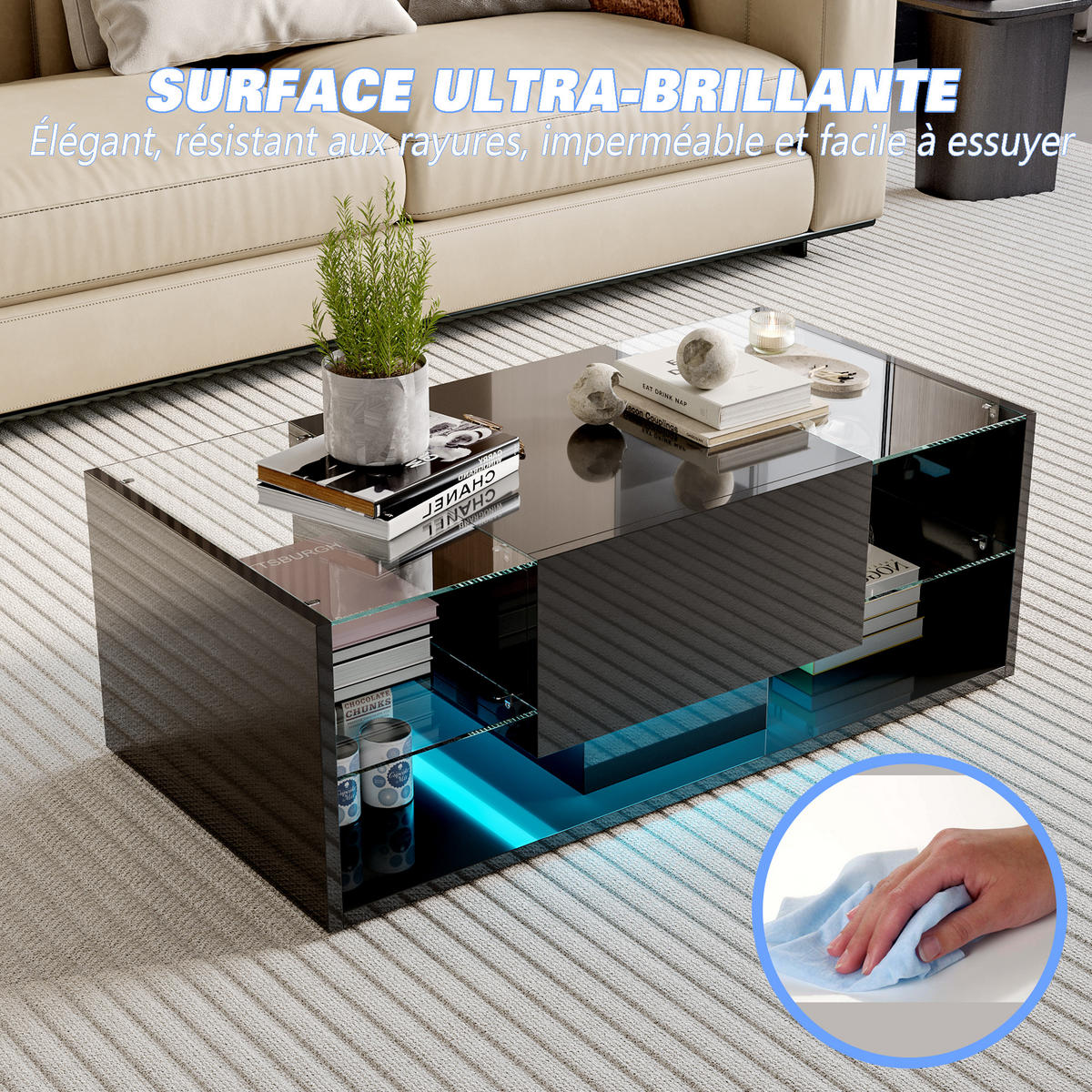 COUCHTISCH LED 100x50x35 cm Glas Hochglanz schwarz - Schwarz, Holz (50/100/35cm) - LEBENLANG