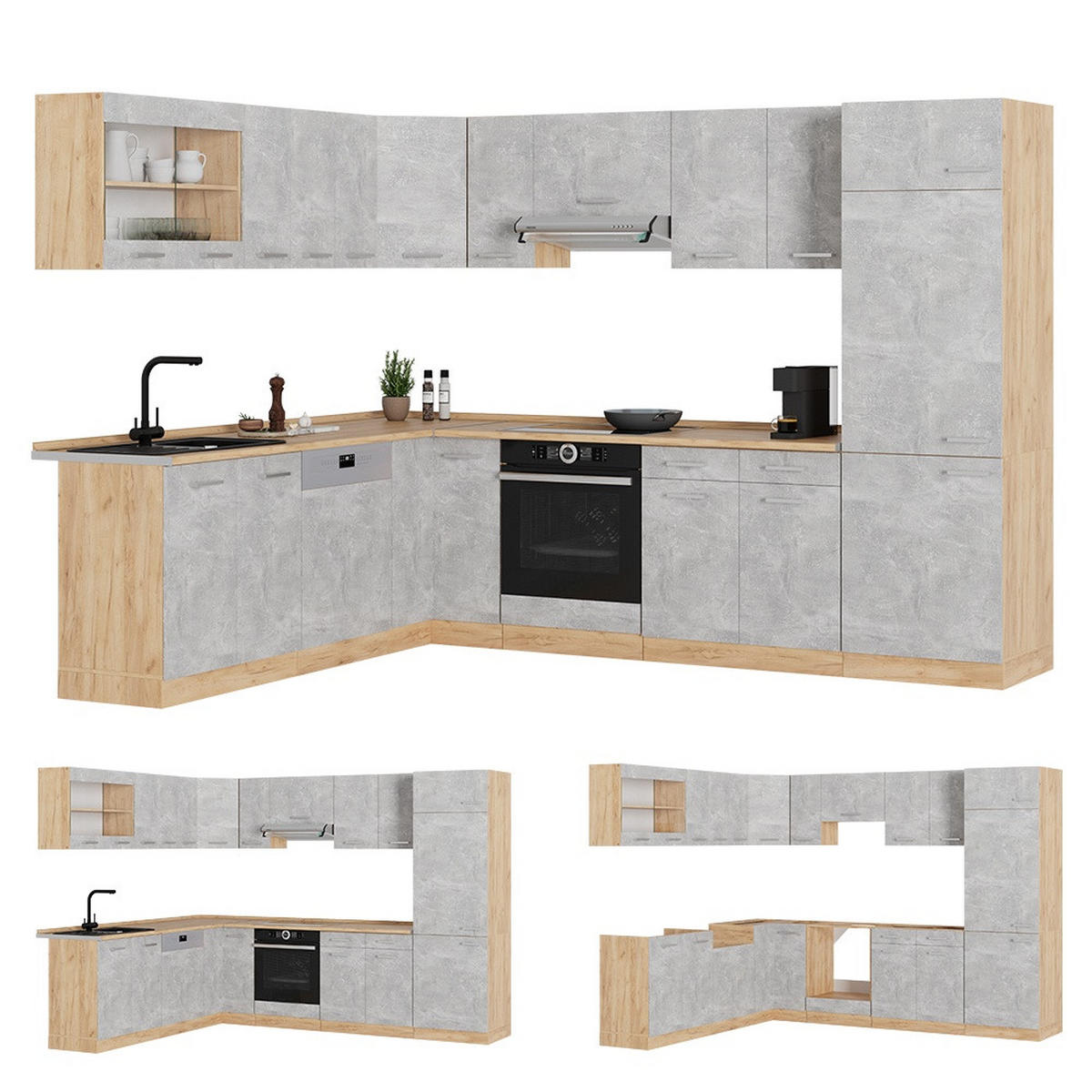 ECKKÜCHE R-Line, Beton/Goldkraft Eiche, 287 x 227 cm, AP Eiche - Honigeiche/Grau, Holzwerkstoff (287/206.8/60cm) - Vicco
