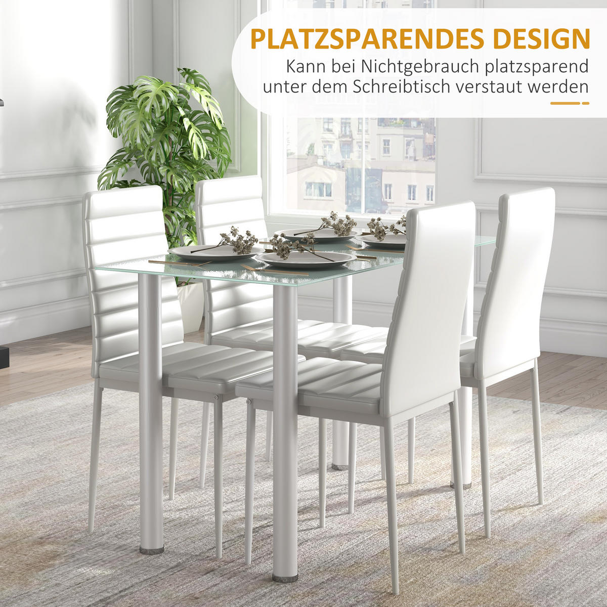 5-TLG. Essgruppe, Esstisch mit 4 Stühlen, Küchentisch mit Hartglasplatte Weiß - Weiß, Kunststoff (60/97/120cm) - HOMCOM