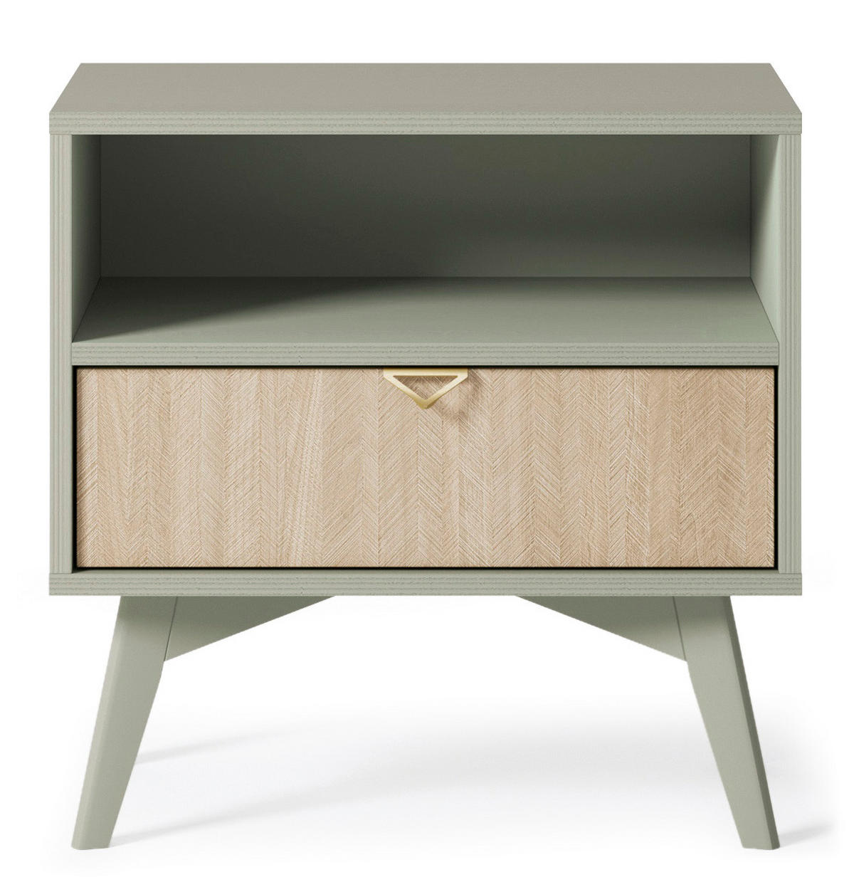 NACHTTISCH Silva in der Farbe Eukalyptus + Scandi-Fischgrätmuster mit Ablage und Schublade - Goldfarben/Grün, Holz/Holzwerkstoff (54/54/38cm) - Ravio