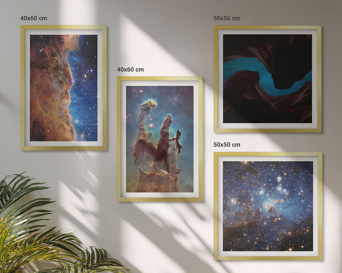 WANDBILDER 4er Set - 50x50 cm & 40x60 cm Goldrahmen - Weltraumlandschaften von Galaxien - Goldfarben, Kunststoff (50/50cm) - ArtPrintCave
