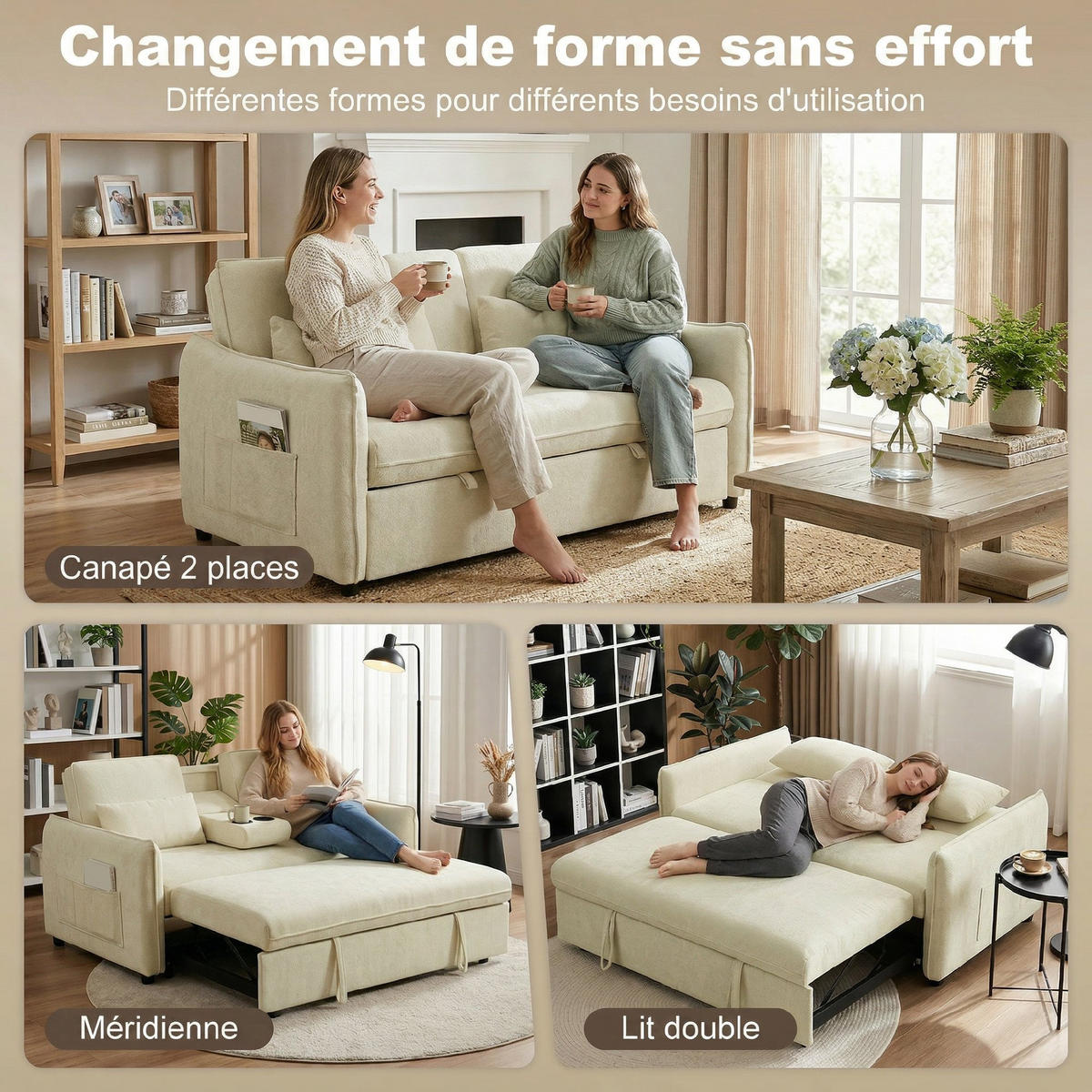 SCHLAFSOFA 2-Sitzer DE-14661 3-in-1 mit Getränkehaltern & verstellbarer Lehne Beige - Beige, Textil (166/84/90cm) - ComfortXL