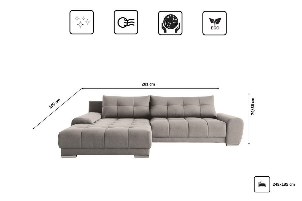 ECKSOFA WAVE Mit Schlaffunktion, Stoff SORO, Beige Links - Beige, Holz (105/281cm) - Kaiser Möbel