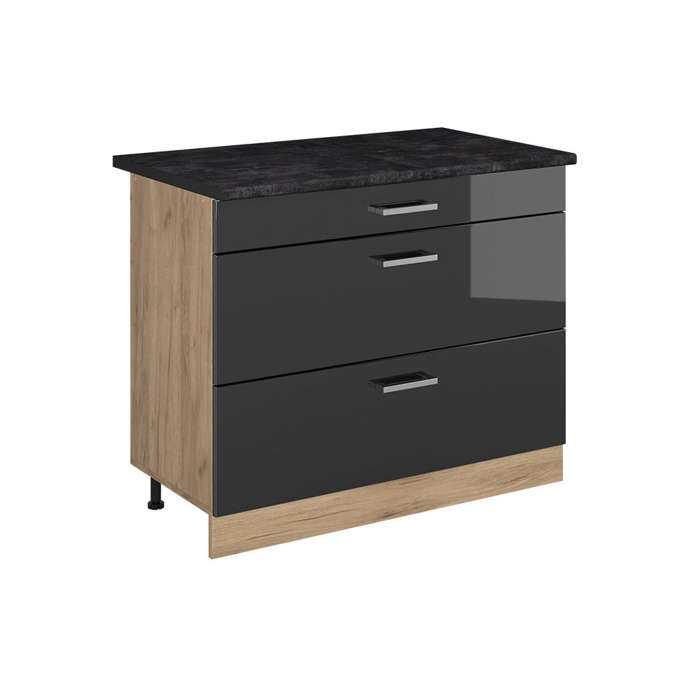KÜCHENUNTERSCHRANK R-Line, Anthrazit Hochglanz/Goldkraft Eiche, 100 cm Arbeitsplatte Anthrazit - Eichefarben/Anthrazit, Holzwerkstoff (100/81.6/60cm) - Vicco