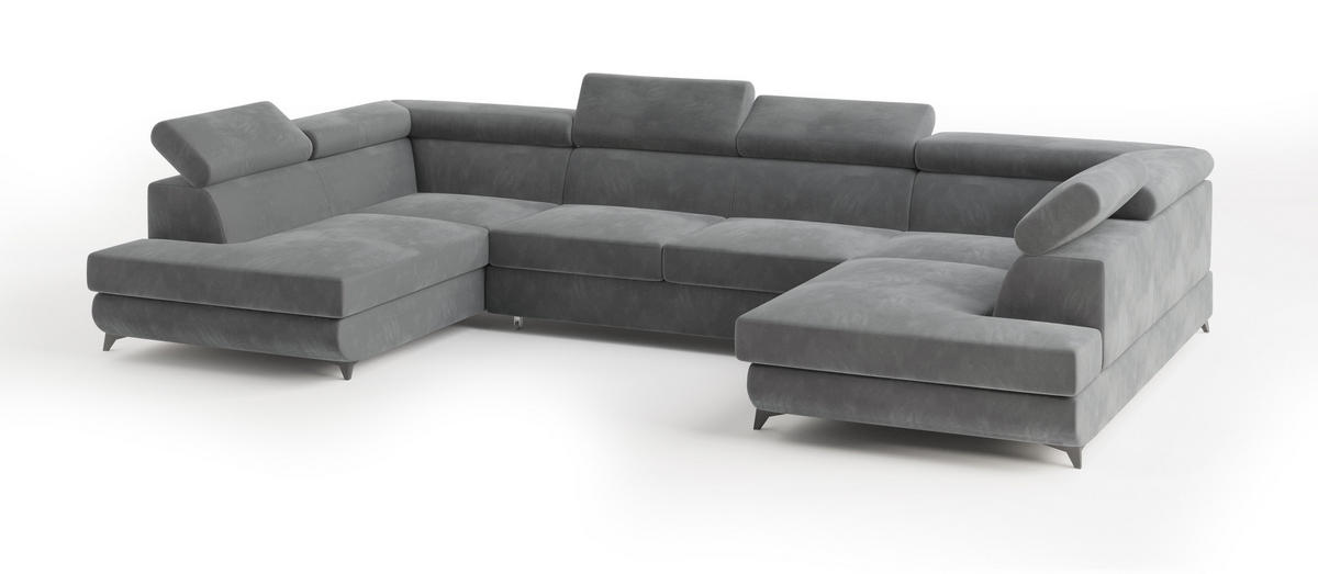 WOHNLANDSCHAFT VINTESSA Grau Velours-Stoff mit Schlaffunktion - Grau, Holz (323/89/190cm) - MASSENO