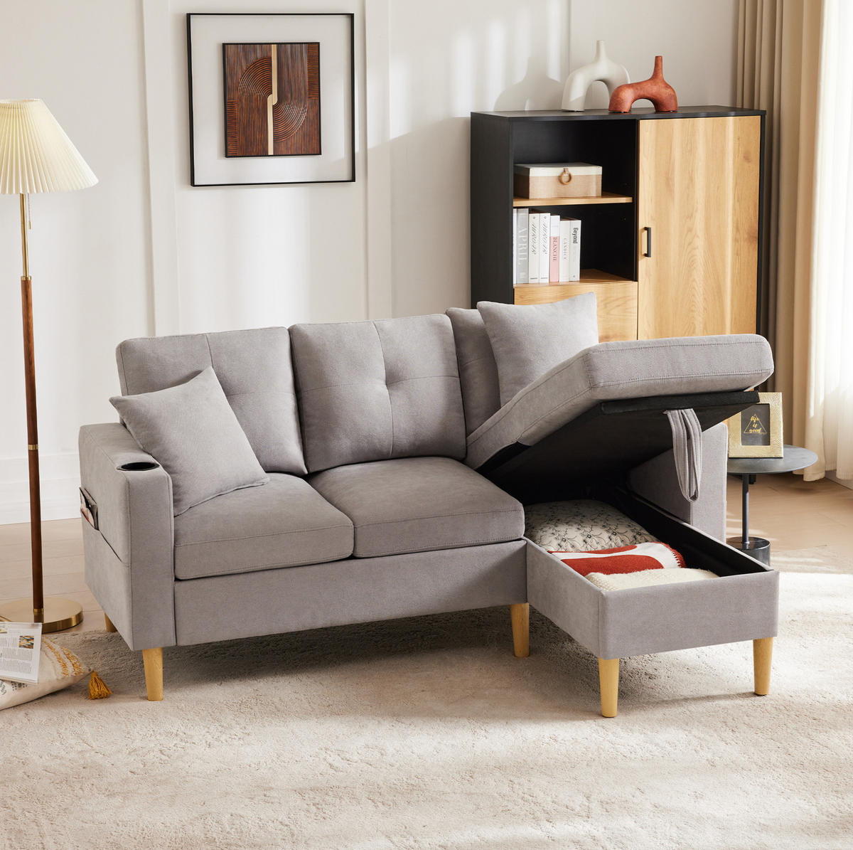 ECKSOFA Baumwolle-Leinen mit Stauraum und Getränkehaltern 175/129/90 cm Hellgrau mit 2 Kissen - Hellgrau, Textil (175/129cm) - Redom