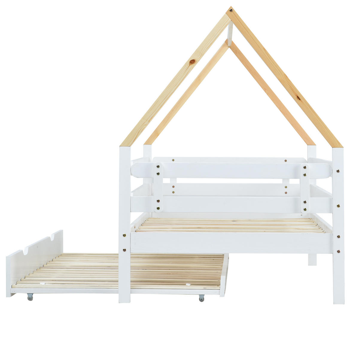HAUSBETT 90/200 cm & 90/190 cm in Weiß & Natur mit Ausziehbett Massivholz - Weiß/Naturfarben, Holz (90/200cm) - CHICFURN