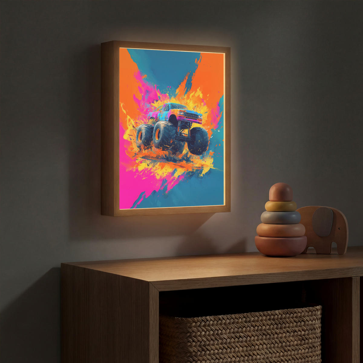 DOBÍJECÍ NOČNÍ LAMPIČKA Monster truck - Abstraktní - Stříkající barva - Barevné 30x40 cm - růžová, kompozitní dřevo (8/30/40cm) - OnlyWow