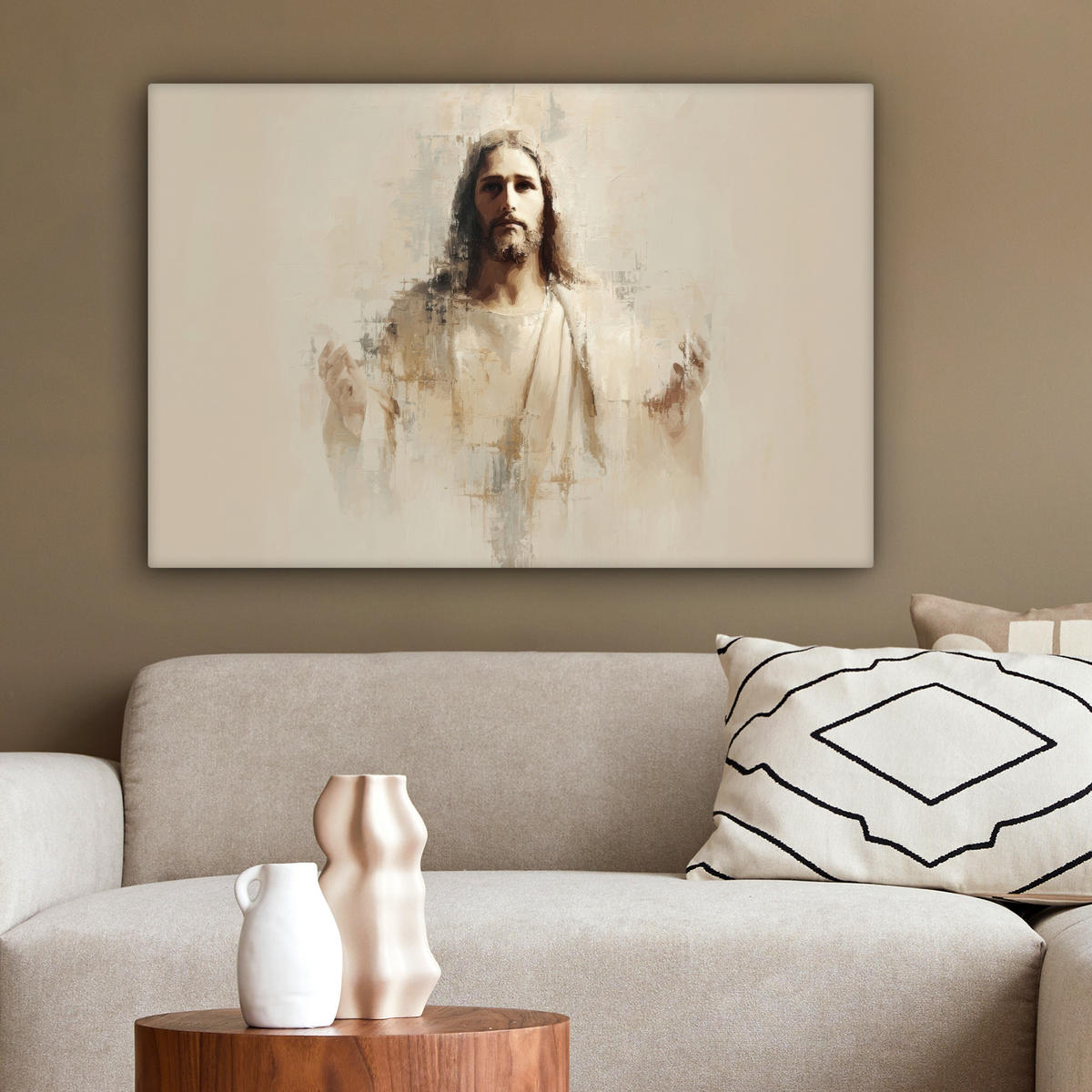 LEINWANDBILD Porträt - Abstrakt - Jesus - Beige Gemälde 60x40 cm - Beige, Textil (60/40cm) - MuchoWow