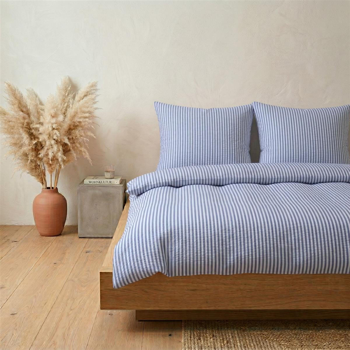 SEERSUCKER-BETTWÄSCHE 155x220 gestreift Sommer Bettbezug Bügelfrei aus 100% Baumwolle, Bettbezüge Streifen Muster Blau - Blau, Textil (155/220cm) - Carpe Sonno