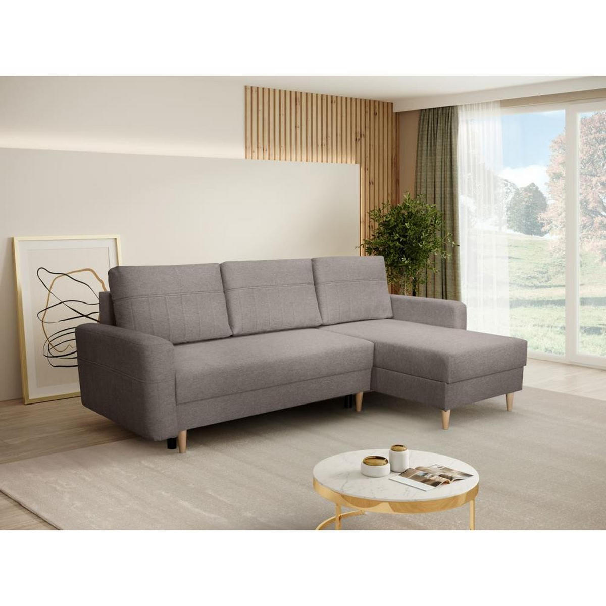 ECKSCHLAFSOFA Vega mit Universelle Ottomane Hellbraun - Hellbraun, Textil (225/150cm) - Beautysofa