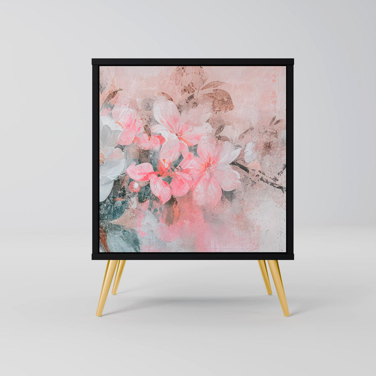 SIDEBOARD CHERRY BLOSSOM, Schwarz, 57,5x42x70,5 cm, Schwarze Metall-Sternfüße - Multicolor/Schwarz, Holzwerkstoff/Metall (57.5/70.5/42cm) - SpaceRebels
