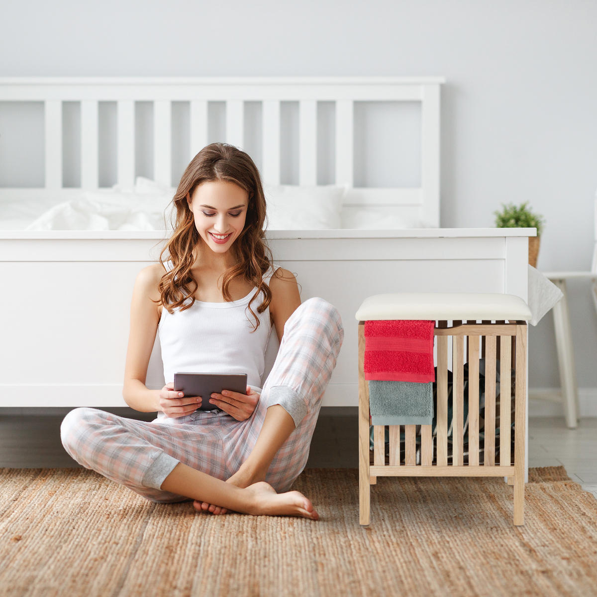 KOŠ za perilo - svetlo rjava, tekstil/leseni material (41/51/41cm) - Relaxdays