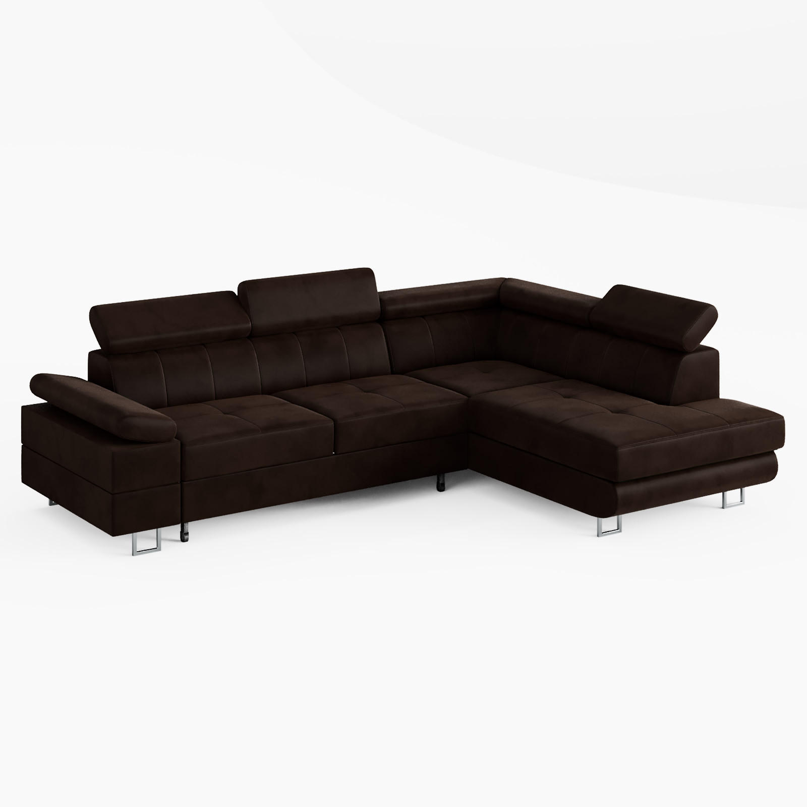 ECKSOFA CAROLINE Rechts Braun Velours-Stoff mit Schlaffunktion und Bettkasten - Chromfarben/Dunkelbraun, Textil (253/190cm) - Barchello