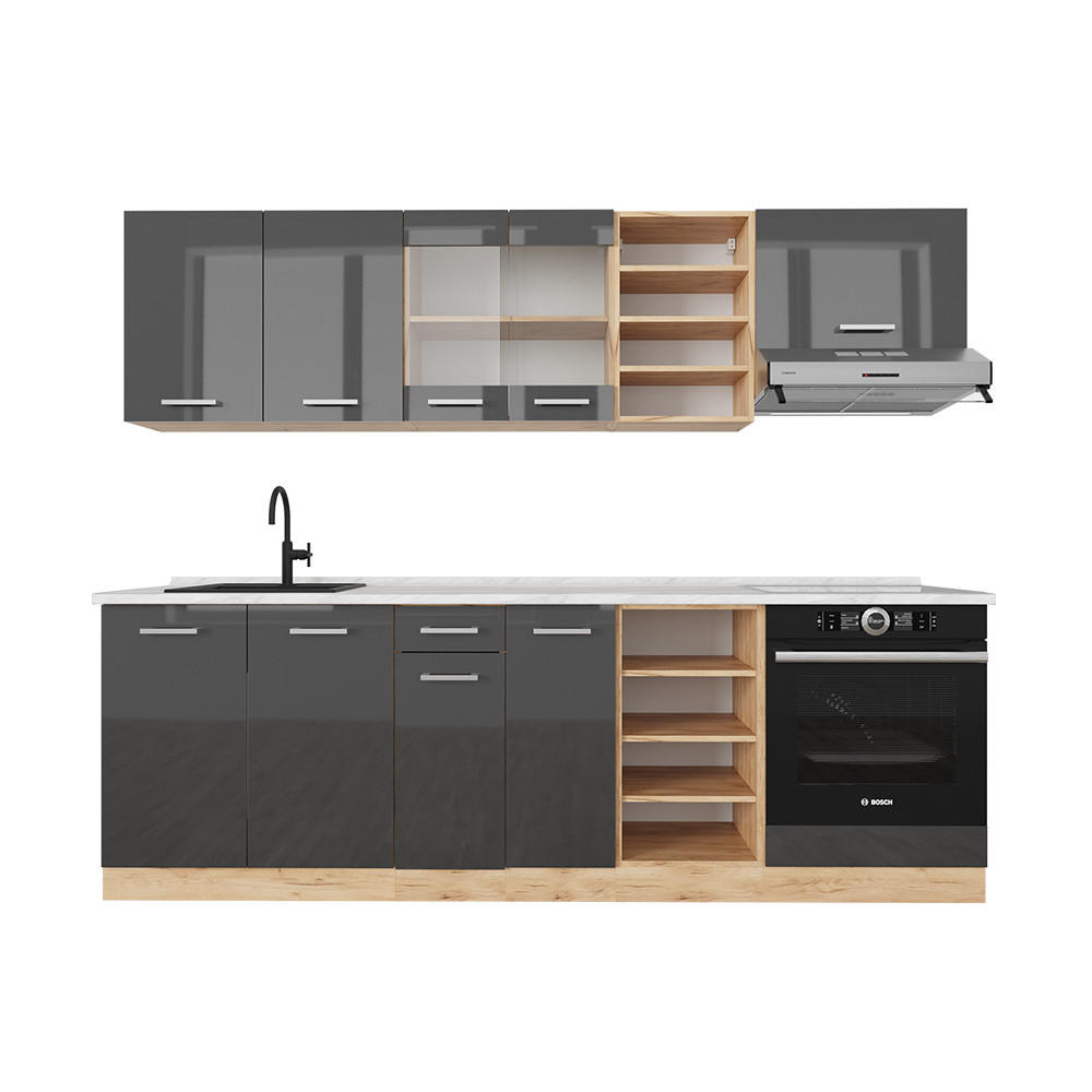 KÜCHENZEILE R-Line Anthrazit Hochglanz/Goldkraft Eiche 240 cm AP Marmor - Honigeiche/Anthrazit, Holzwerkstoff (240/81.6/60cm) - Vicco