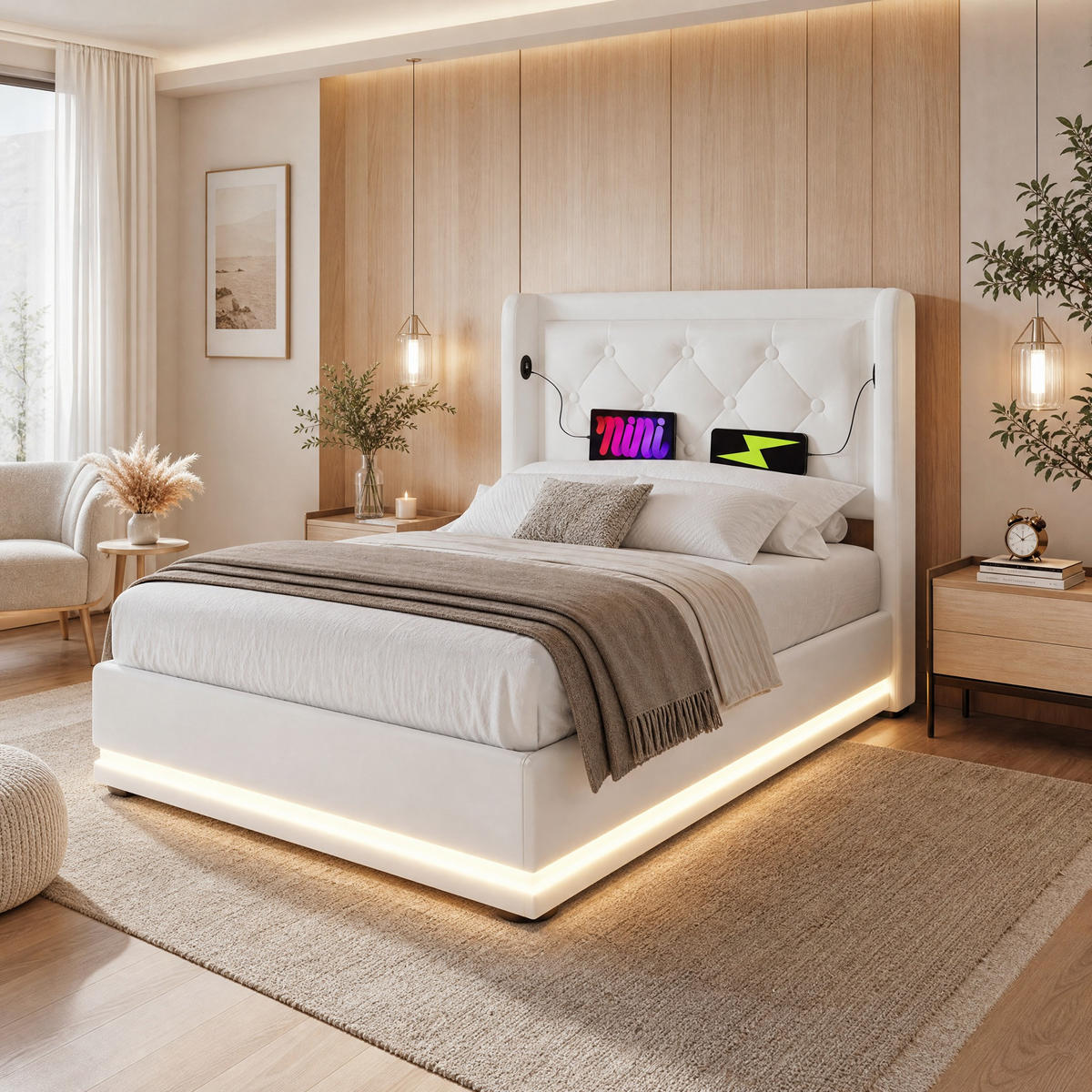 POLSTERBETT 90/200 mit Bettkasten, 3-seitiger LED-Beleuchtung und USB Type-C in Weiß - Weiß, Holzwerkstoff/Textil (90/200cm) - EVRYAE