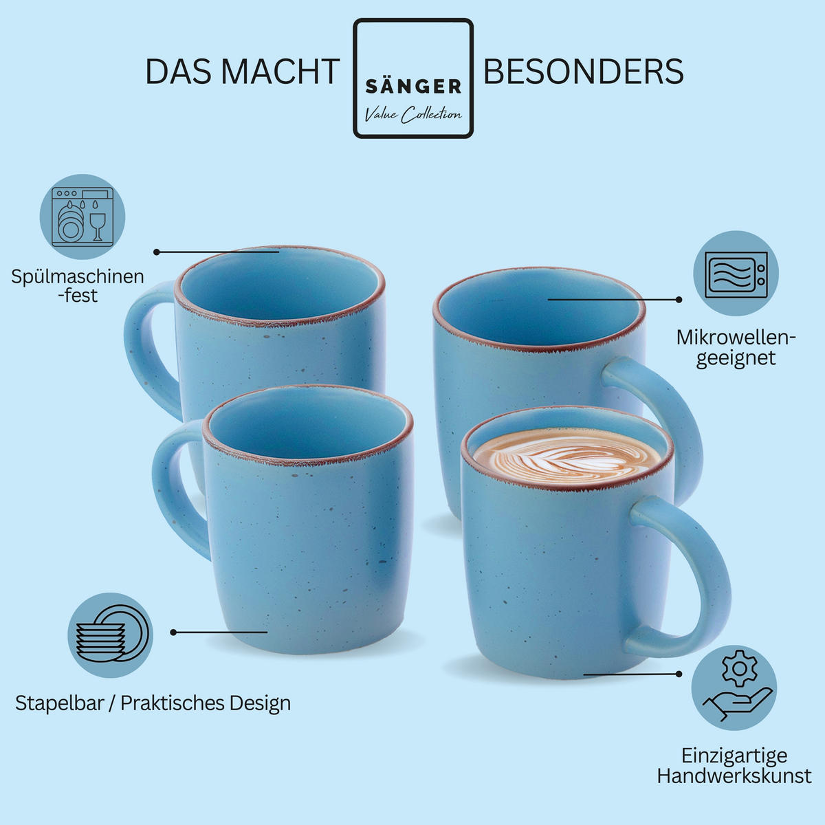 KAFFEEBECHER BOMBAY SAPHIR - 4 teilig aus Steingut - Hellblau, Stein (0.8L) - Sänger