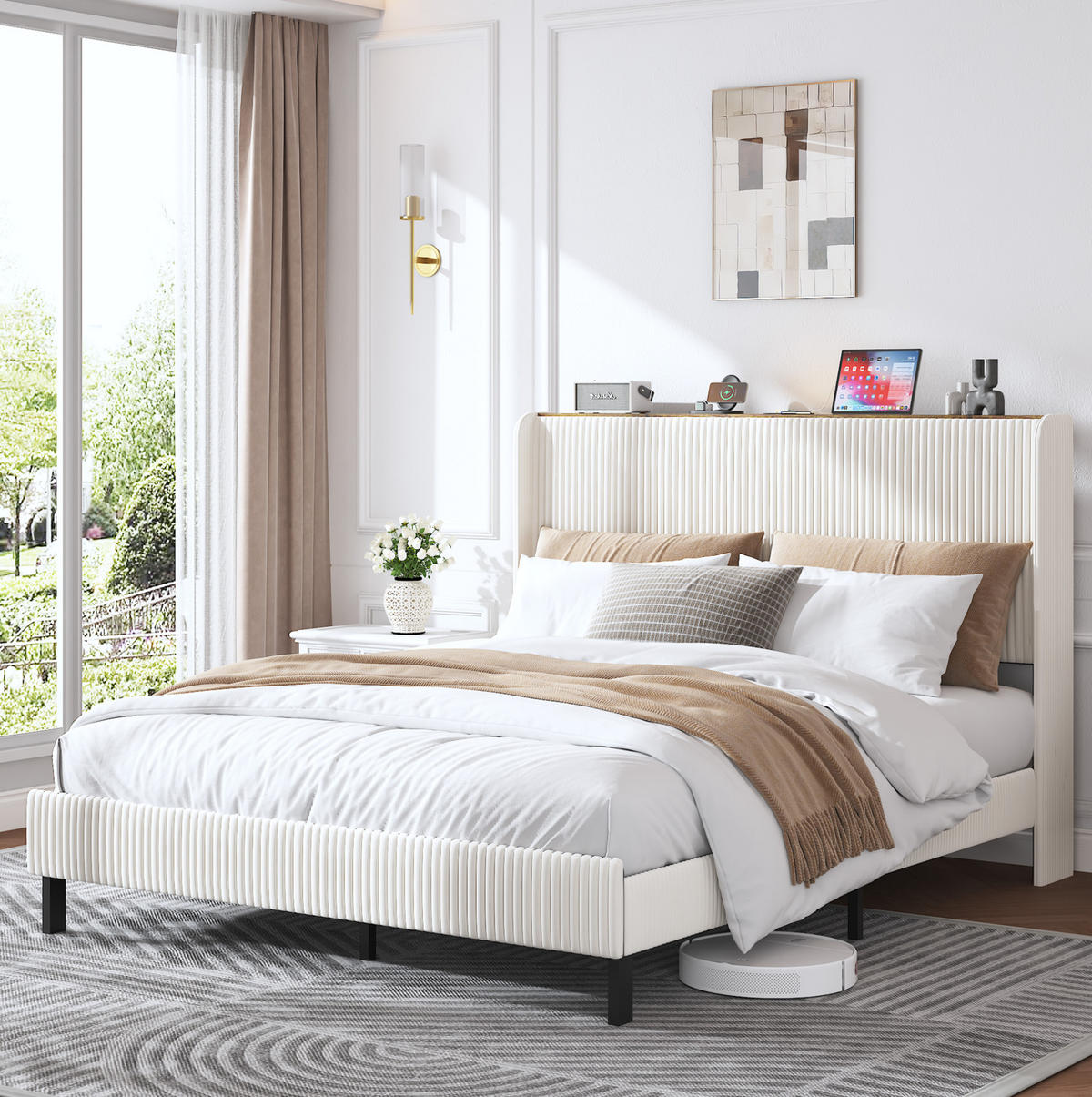 POLSTERBETT 160/200 cm mit geräuscharmem Metallrahmen und Cordbezug, Beige, Creme - Creme, Textil (160/200cm) - Redom